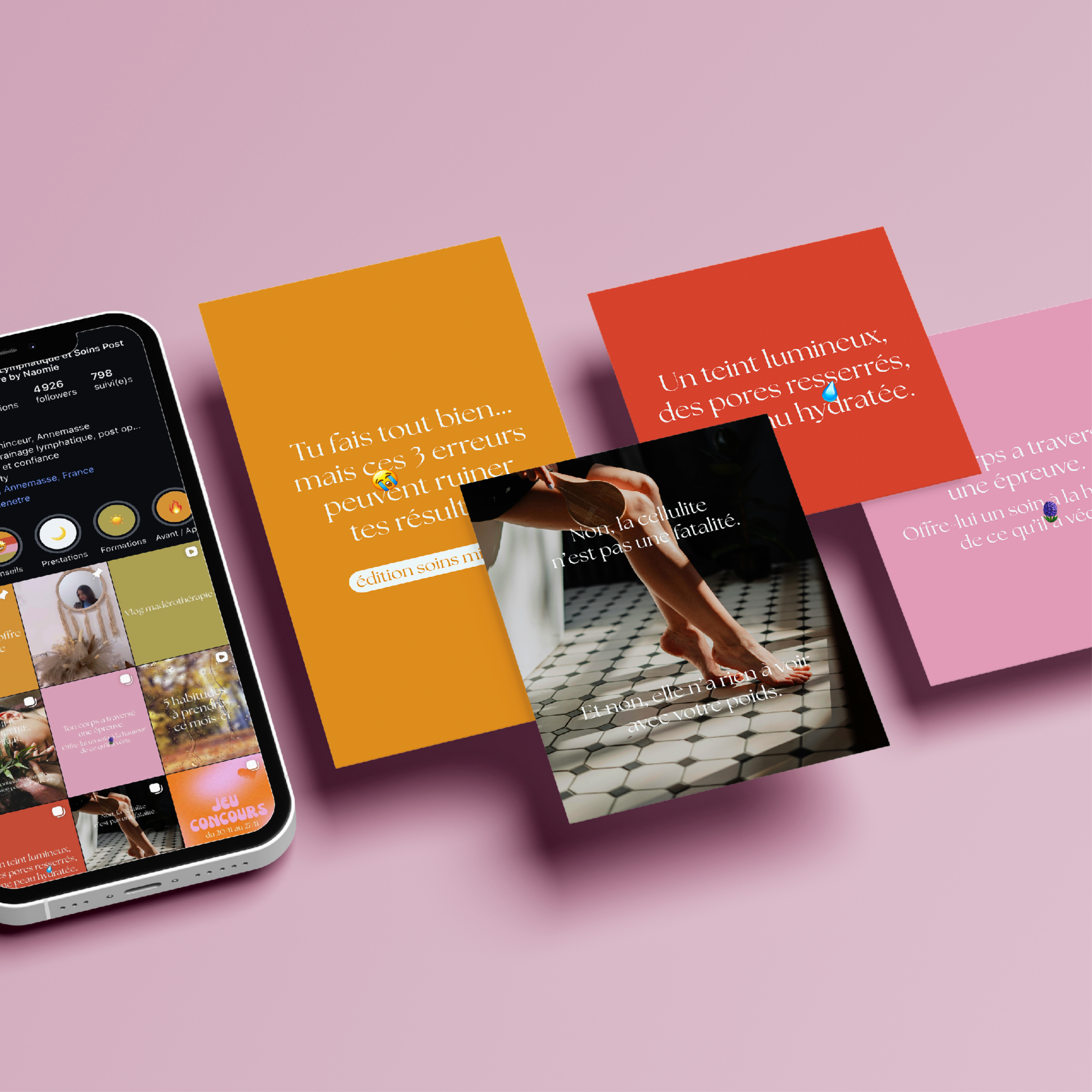 L'image présente le feed Instagram ainsi que des publications créées pour l'Îlot du bien-être par Nuance communication dans le cadre de la prestation Nuance Présence.