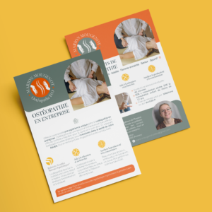 Ce visuel présente les flyers créés par Nuance communication pour Marion Mougenot, ostéopathe. Ces réalisations ont été réalisées dans le cadre d'une prestation à la carte : création de flyers, brochures, dépliants...