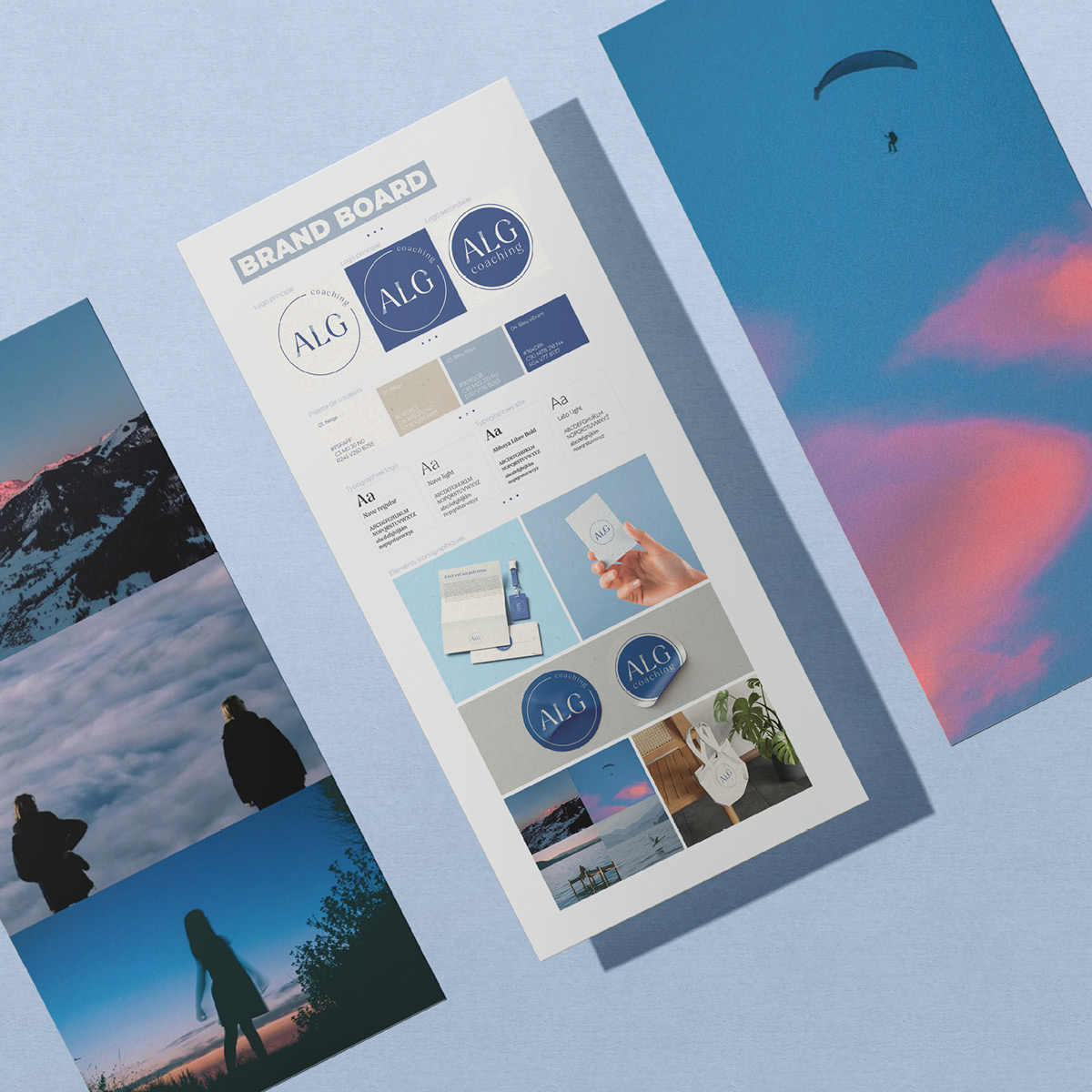 Ce visuel présente le brandboard de l'entreprise ALG Coaching. Cette identité visuelle a été créée par Nuance communication dans le cadre de la prestation Nuance essentielle.