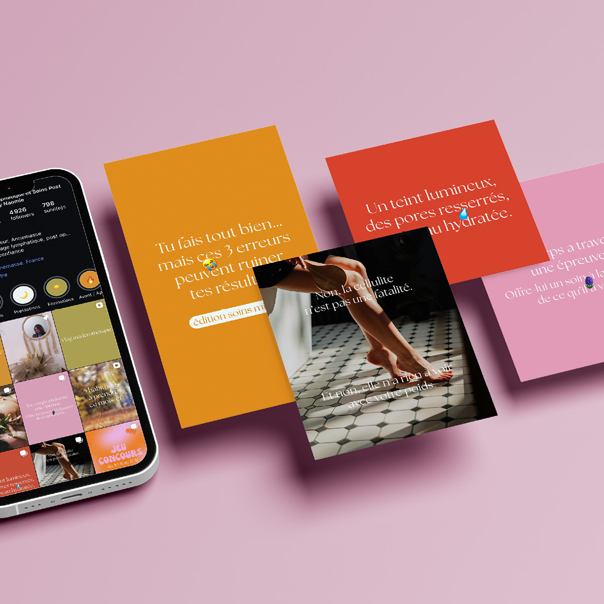 L'image présente le feed Instagram ainsi que des publications créées pour l'Îlot du bien-être par Nuance communication dans le cadre de la prestation Nuance Présence.